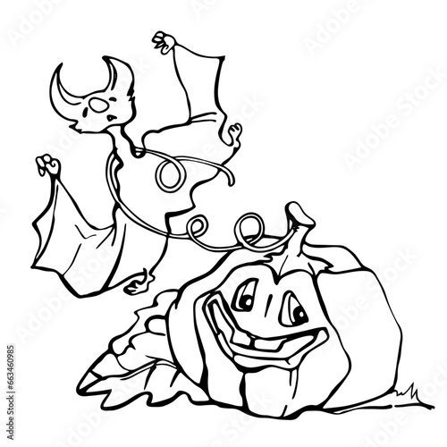 Graphic drawing for the Halloween holiday. Caricature of bats, vampires and pumpkins. Template, contour illustration. Emotions and the human form.