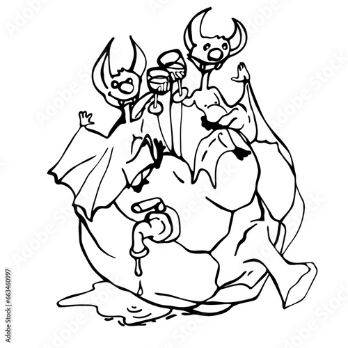 Graphic drawing for the Halloween holiday. Caricature of bats, vampires and pumpkins. Template, contour illustration. Emotions and the human form.