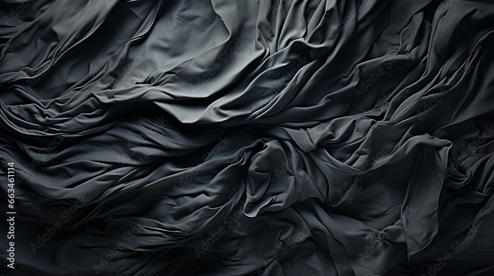 An intricate dance of shadows and light, the black fabric drapes and twists with abstract elegance, evoking a sense of mystery and passion in its artful folds - obrazy, fototapety, plakaty 