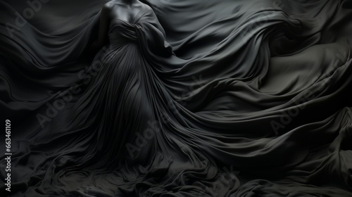 Enveloped in a sleek, flowing fabric, the woman in the black dress exudes a sense of mystery and elegance, commanding attention with her effortless grace