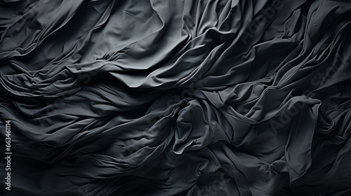 An intricate dance of shadows and light, the black fabric drapes and twists with abstract elegance, evoking a sense of mystery and passion in its artful folds