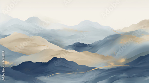 Soft pastel color watercolor abstract brush painting art of beautiful mountains, mountain peak minimalism landscape with golden lines, panorama banner illustration #663461119