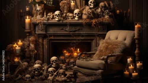 The flickering glow of candlelight danced among the skulls adorning the fireplace, casting an eerie yet mesmerizing ambiance in the cozy christmas room