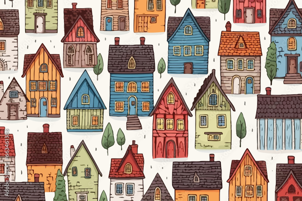 Tudor-style homes quirky doodle pattern, wallpaper, background, cartoon, vector, whimsical Illustration