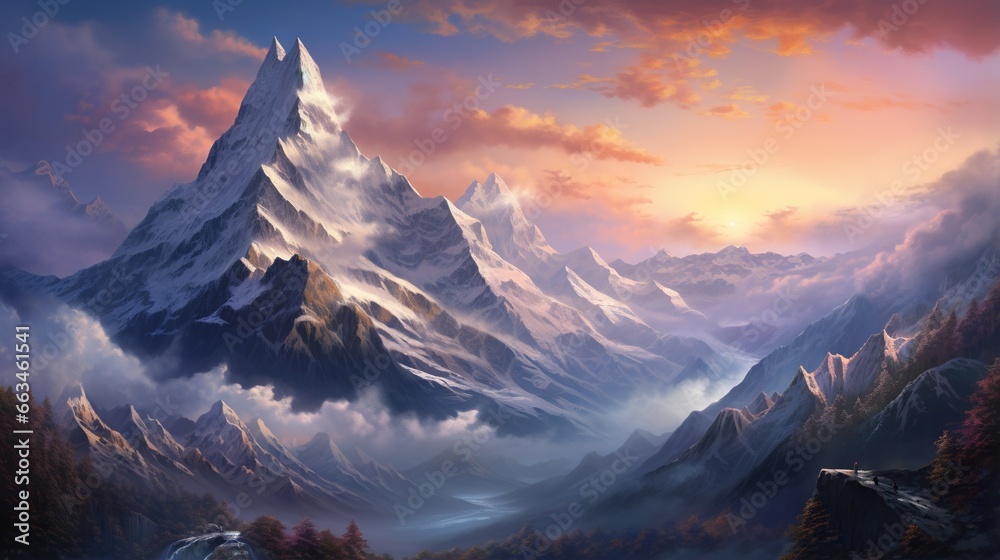 a painting of a mountain range with clouds and a stream. generative ai a painting of a mountain range with clouds and a stream. generative ai