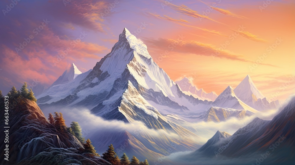  a painting of a mountain range with a sunset in the background.  generative ai