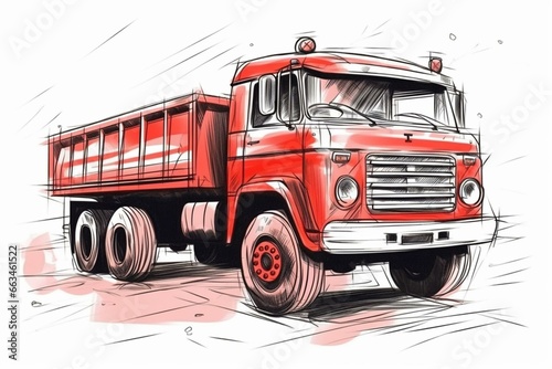 Red truck drawn picture with isolated coloring. Generative AI