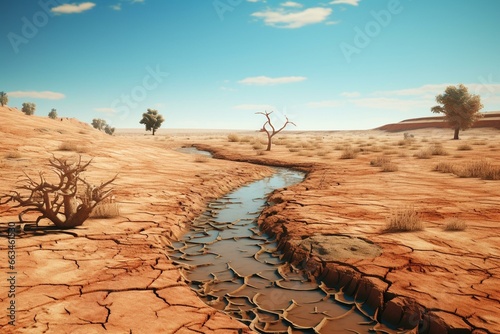 Moroccan water and drought during dry period depicted in 3D rendering for infographics and social media. Generative AI