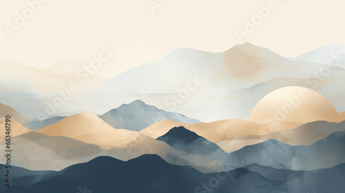 Soft pastel color watercolor abstract brush painting art of beautiful mountains, mountain peak minimalism landscape with golden lines, panorama banner illustration