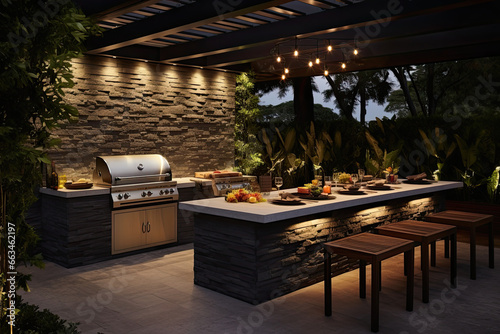 An outdoor entertainment area with a built-in barbecue and a bar setup photo