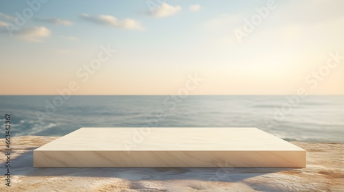 Wallpaper Mural Square Stone Podium in ivory Colors in front of a blurred Seascape. Luxury Backdrop for Product Presentation Torontodigital.ca