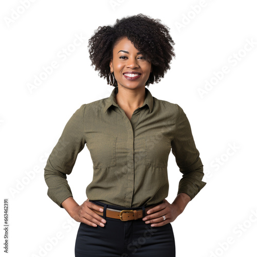 Black female teacher standing up, body view, smiling