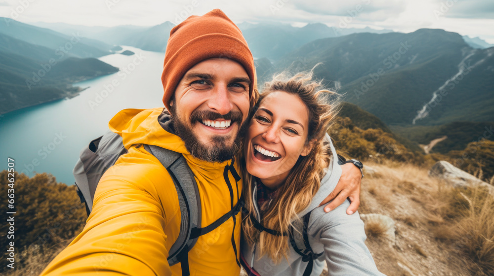 Two young people on nature adventure vacation, smiling for camera, doing selfie, man wearing stylish yellow jacket and woman in grey sweater