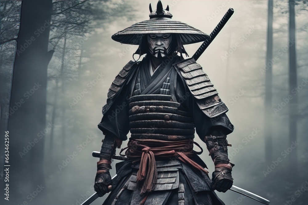 Ghost Samurai, samurai warrior bound by a ghostly curse, wearing shabby samurai armor - obrazy, fototapety, plakaty 