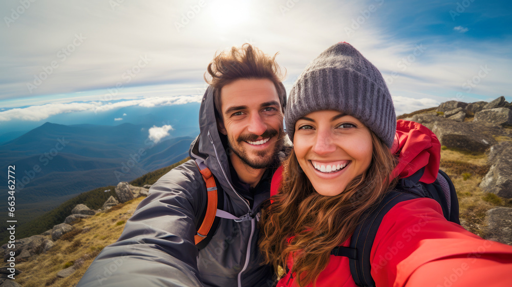 Stylish joyful pair of hikers with backpacks takes selfie at mountain summit, smiling at the camera, on background of large river and peaks Stylish joyful pair of hikers with backpacks takes selfie at mountain summit, smiling at the camera, on background of large river and peaks