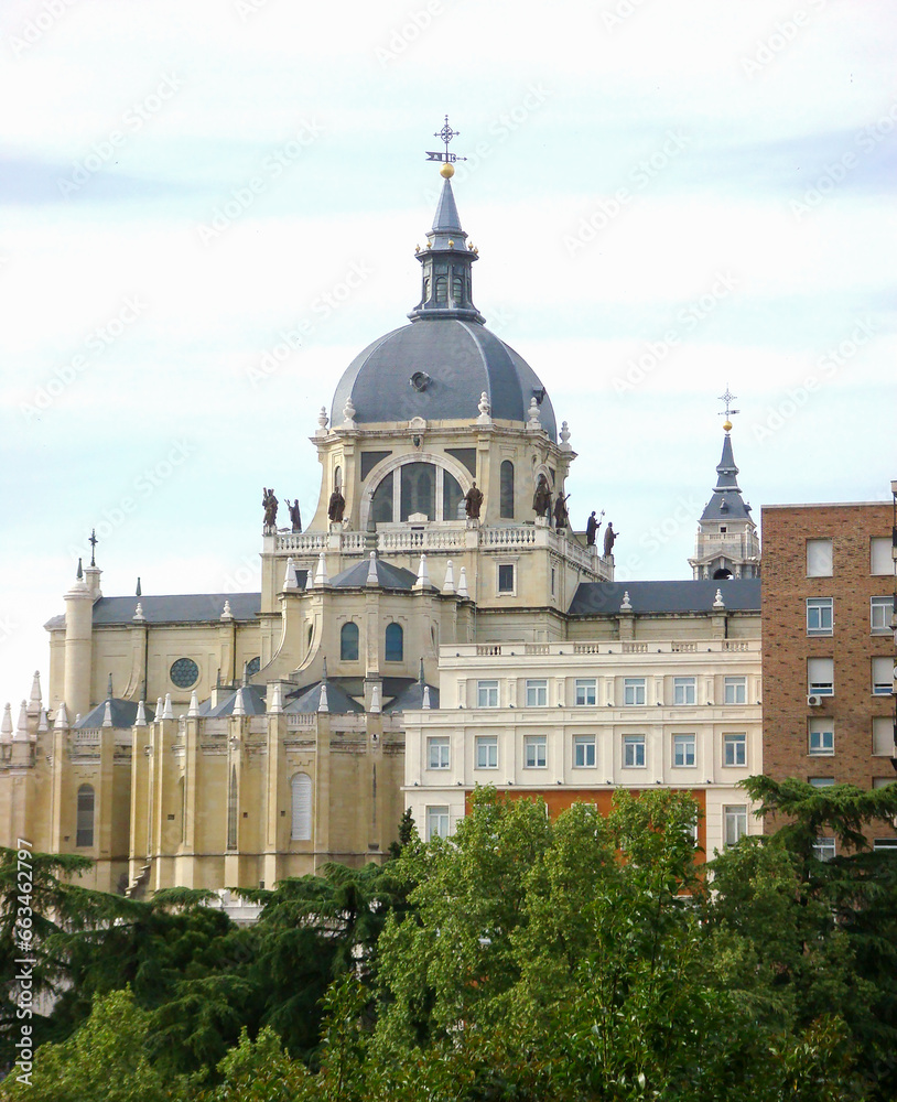 View of cathedral in a summer day. Close-up. Madrid. Spain.