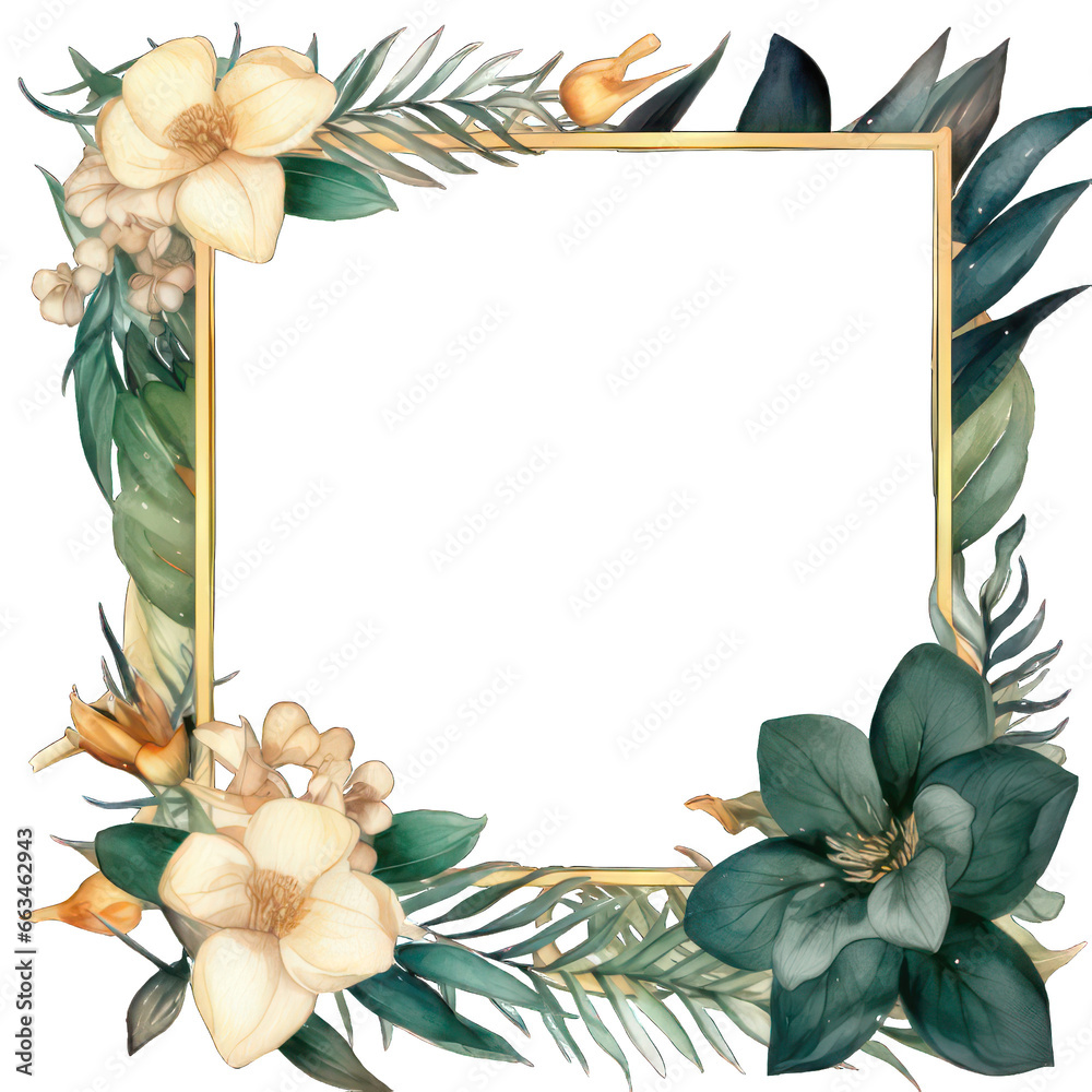 Watercolor flowers and leaves surround empty space. Yellow border with empty space and surrounding flowers. Mockup. Transparent PNG background