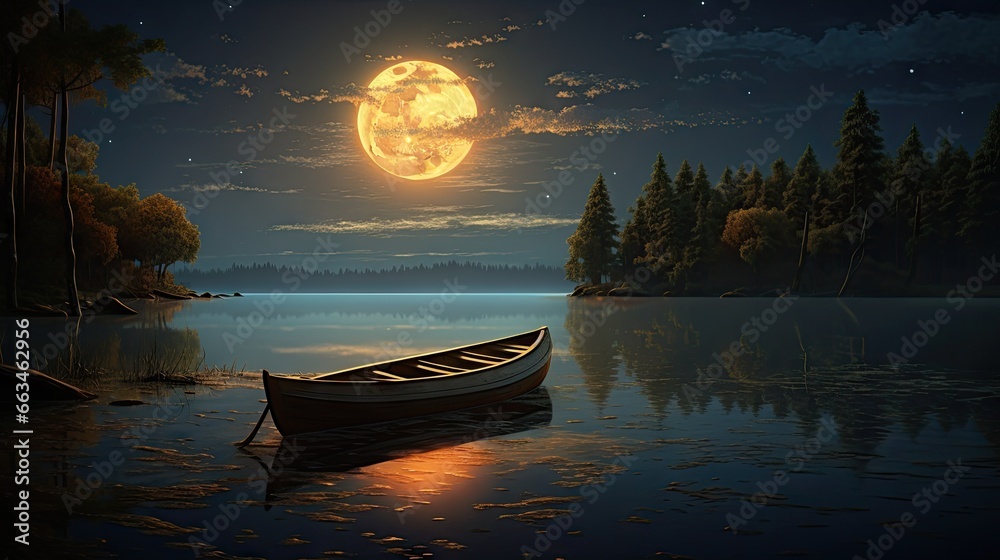  a painting of a boat on a lake at night with a full moon in the background.  generative ai