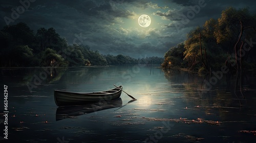  a painting of a boat floating on a lake under a full moon. generative ai