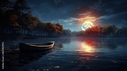  a boat floating on top of a lake under a full moon. generative ai