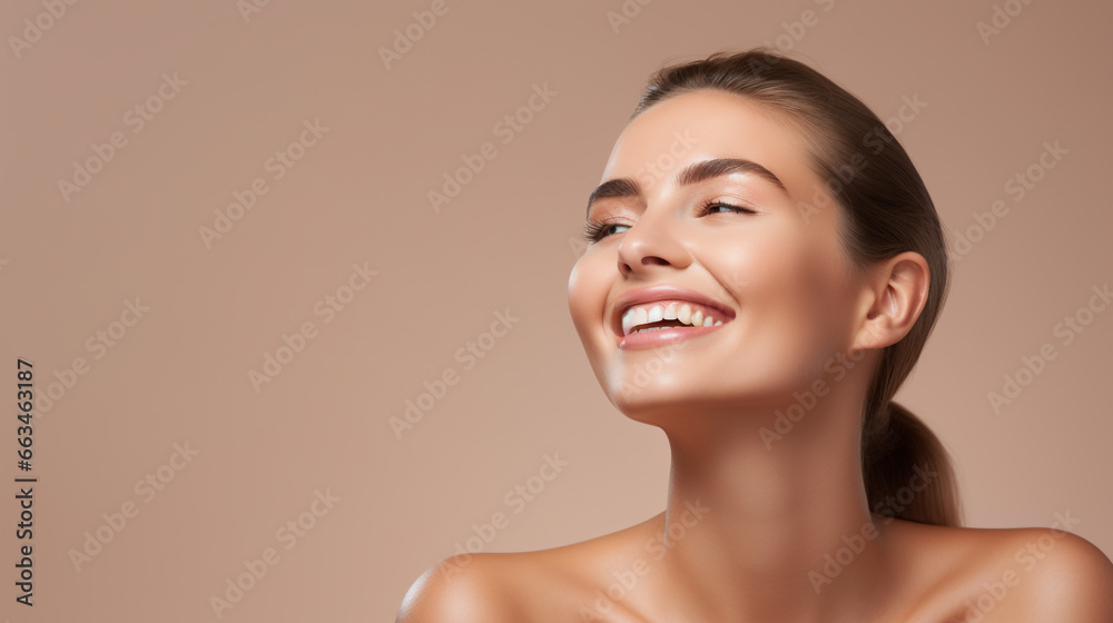 Toothy smiling young woman with shiny glowing perfect facial skin and bare shoulder looking aside beauty studio portrait on copy space. Cosmetology, dermatology. Dental and skin treatment Toothy smiling young woman with shiny glowing perfect facial skin and bare shoulder looking aside beauty studio portrait on copy space. Cosmetology, dermatology. Dental and skin treatment