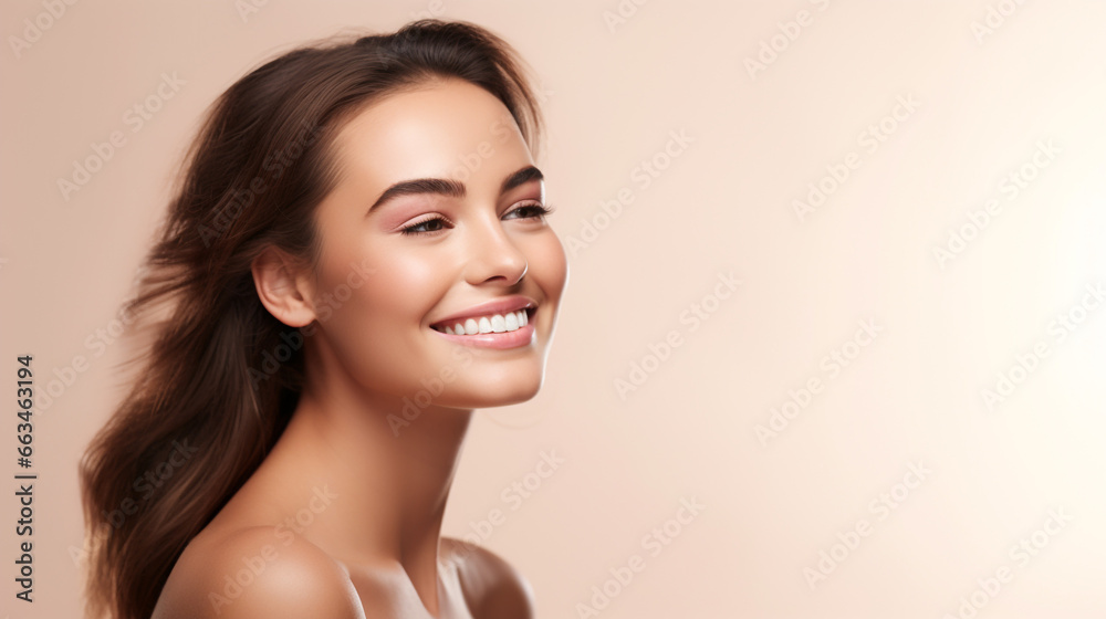 Toothy smiling young woman with shiny glowing perfect facial skin and bare shoulder looking aside beauty studio portrait on copy space. Cosmetology, dermatology. Dental and skin treatment Toothy smiling young woman with shiny glowing perfect facial skin and bare shoulder looking aside beauty studio portrait on copy space. Cosmetology, dermatology. Dental and skin treatment