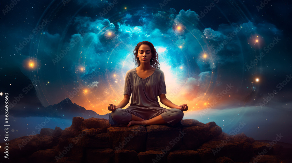Beautiful woman meditates in seated yoga lotus pose on peak of mountain, symbolizing yoga, meditation, relaxation, and healthy lifestyle