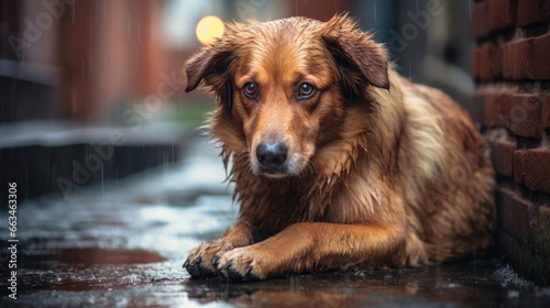 Sad homeless wet dog sitting on the street during the rain © dwoow