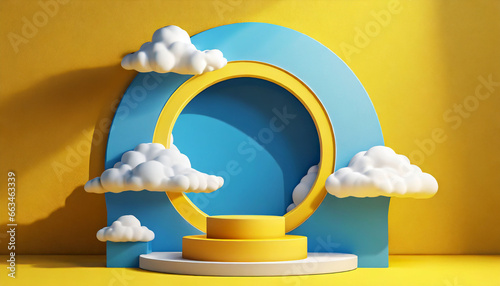 d render, abstract sunny yellow background with white clouds and blue round hole. Simple geometric showcase scene with empty podium for product