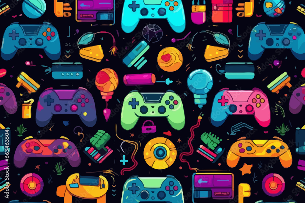 Gaming console quirky doodle pattern, wallpaper, background, cartoon, vector, whimsical Illustration