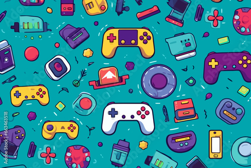 Gaming console quirky doodle pattern, wallpaper, background, cartoon, vector, whimsical Illustration