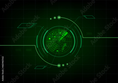 Green radar. HUD radar interface display. Military search system. Concept scan enemy base. Vector illustrator