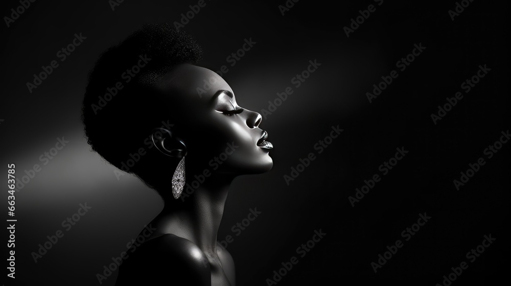 Elegant Black and White Portrait - Attractive Young Black Lady with Short Hair Style, Minimalistic Silhouette
