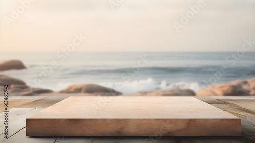 Square Stone Podium in light brown Colors in front of a blurred Seascape. Luxury Backdrop for Product Presentation