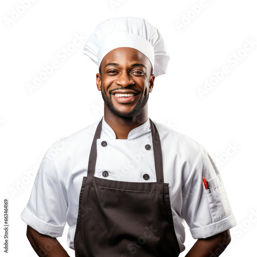 Black male chef standing up, body view, smiling