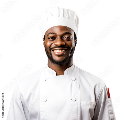 Black male chef standing up, body view, smiling