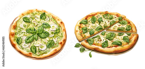 Pesto pizza watercolor clipart illustration with isolated background