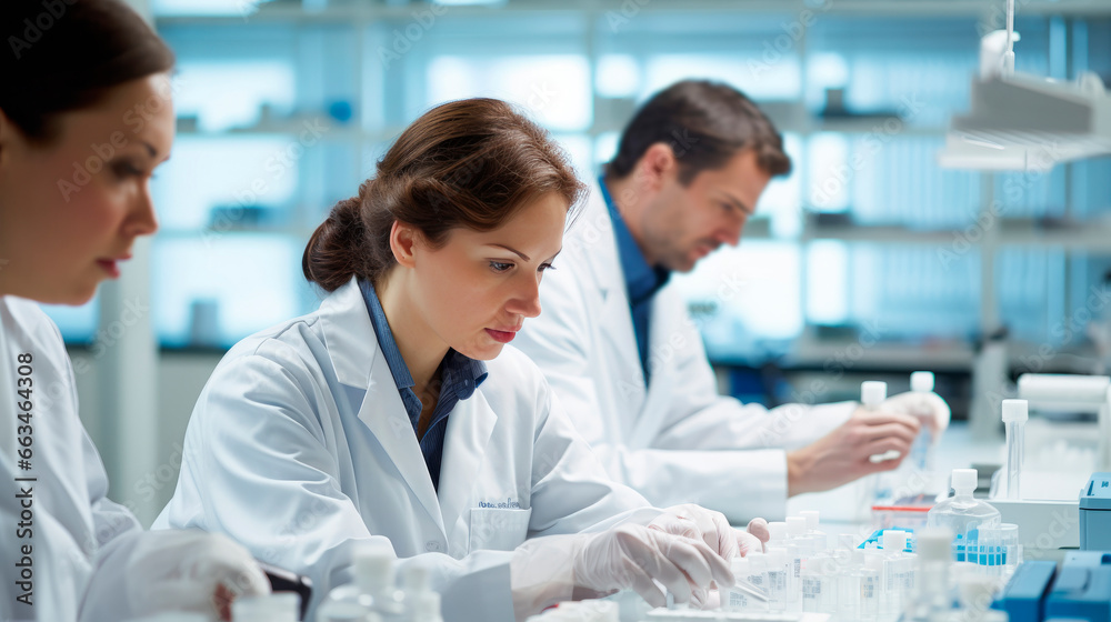 Smart young woman pharmacist in product research laboratory carefully dosing and mixing various fluid liquids
