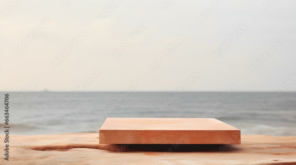 Square Stone Podium in light orange Colors in front of a blurred Seascape. Luxury Backdrop for Product Presentation