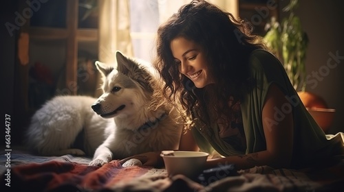 Young woman playing with her dog indoor, looks like they're talking together