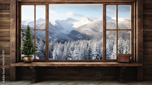  a window with a view of a snowy mountain and forest.  generative ai © Anna