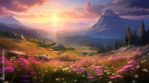  a painting of a beautiful mountain scene with flowers in the foreground. generative ai