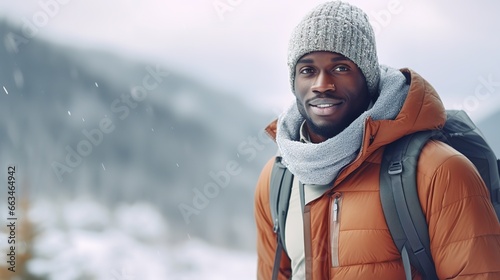African American man in warm clothes with blurred snow covered landscape background. Winter hiker or cross country skier