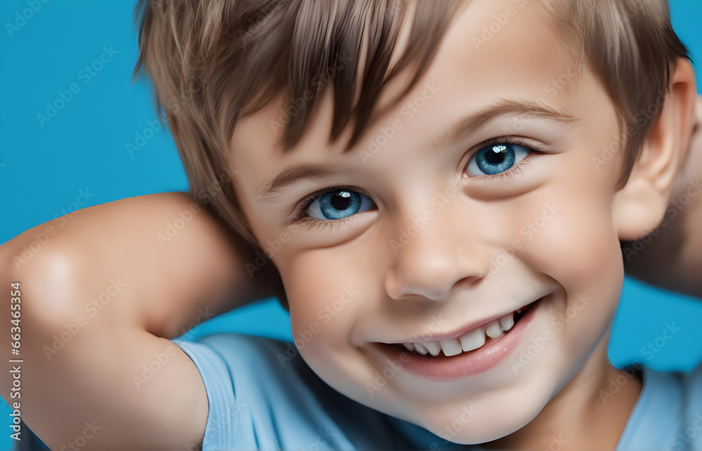 Excited smiling boy on solid blue background Excited smiling boy on solid blue background