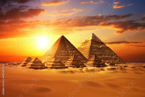Egyptian monuments bathed in the warm hues of a setting sun. Generative AI