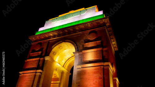 India gate of view night in memorial war a is Gate The View Beautiful it on lighted flag Indian the with illuminated A Night 