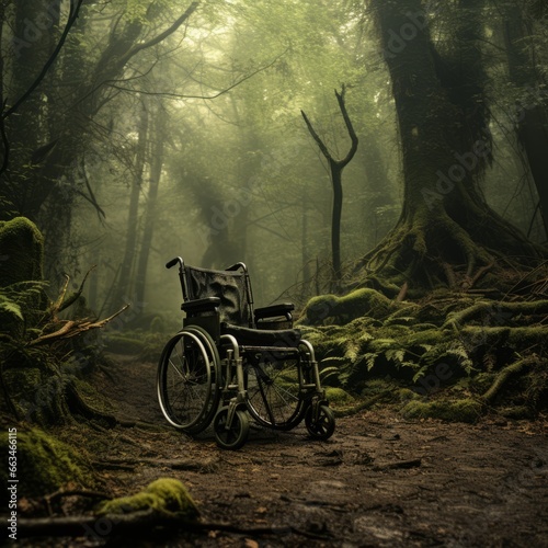 A wheelchair situated in a woodland area, copy space