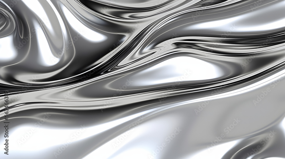 glossy silver metal fluid glossy chrome mirror water effect background backdrop texture 3d render illustration. .