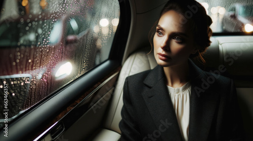 An elegant woman seated in a car, looking out through a window covered in rain droplets, with ambient light casting soft shadows on her face
