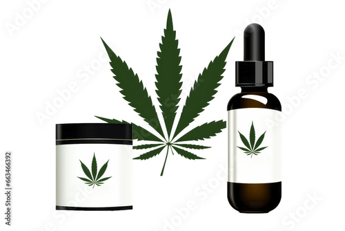 CBD oil, Cannabidiol. One marijuana leaf, one bottle with a pipette and one bottle of cream. Cannabis oil based alternative medicine. Isolated illustration on transparent background, PNG.